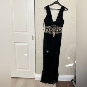 Chic Black Maxi Dress with Gold Embellishments